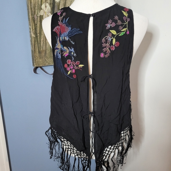 Free People Top Hanky Fringe Embroidery Hippie Boho Open Back Small Black - Picture 4 of 5